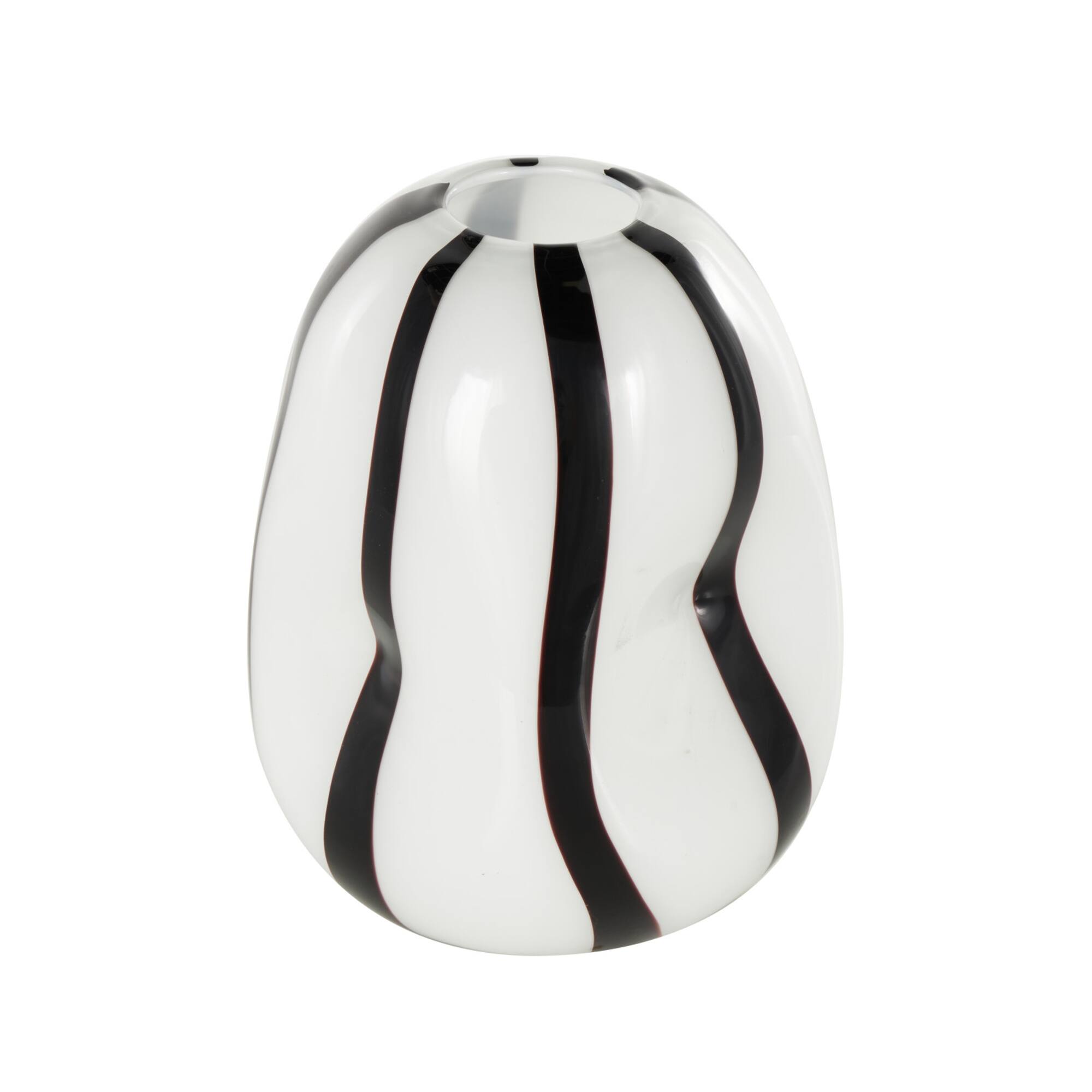 12" White & Black Stripes Glass Round Concaved Vase